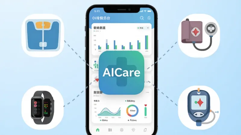 一张手机界面截图风格插画,画面中央是“AICare”应用图标,周围环绕着体脂秤、血压计、智能手环、血糖仪等设备图标,用虚线连接指向手机屏幕,屏幕内显示数据汇总图表,背景为浅蓝色渐变,风格简洁现代,画质干净无杂乱元素
