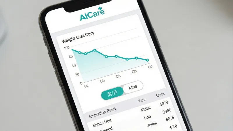 一张手机屏幕显示健康数据折线图,页面顶部有“AICare”标识,图表区域用青绿色线条展示体重下降趋势,下方有周/月切换按钮和数据明细列表,界面布局清晰,白色背景配浅灰卡片,字体大小适中,扁平化设计风格,画质干净