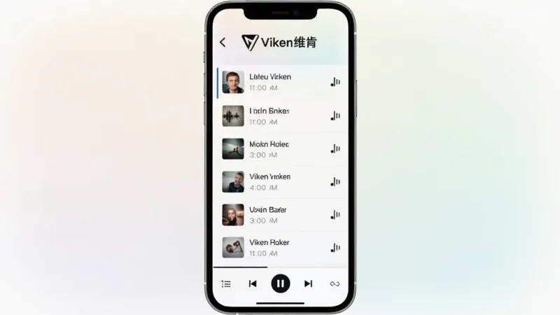 一张展示Viken维肯软件核心全貌的手机应用界面截图,画面中央是简洁的音频播放列表界面,顶部有Viken维肯的Logo,背景是柔和的浅色渐变,列表中有几首本地音频文件,底部是播放控制栏,整体布局干净整洁,风格现代扁平化,画质清晰,无多余元素