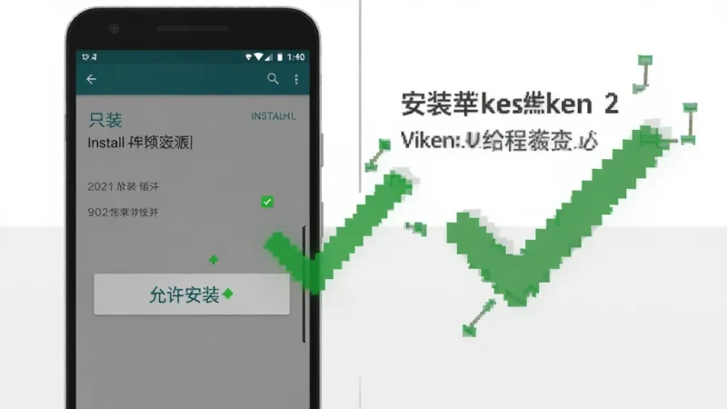 一张展示在安卓手机上安装Viken维肯过程的示意图,画面中手机屏幕显示安装权限设置界面,旁边有一个醒目的绿色对勾标记在“允许安装”按钮上,背景是简洁的白色和浅灰色,风格扁平化说明图,画质清晰,文字标注明确