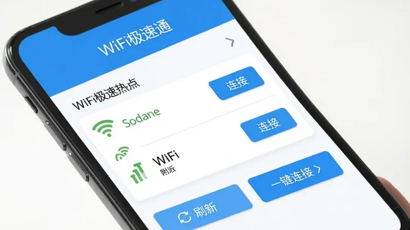 一张手机屏幕展示WiFi极速通软件主界面,顶部是软件名称“WiFi极速通”,中间是附近WiFi热点列表带信号强度图标和连接按钮,底部有刷新和一键连接按钮,整体蓝白配色,界面简洁干净,扁平化设计风格,画质清晰,无多余装饰元素