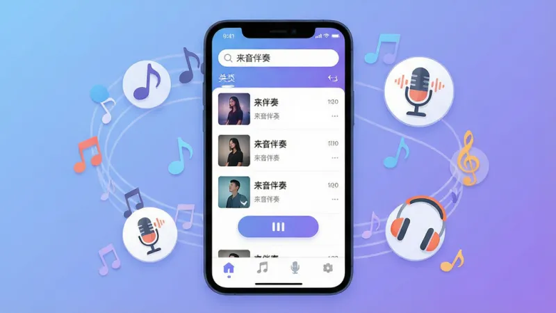 一张展示来音伴奏软件核心界面的全景图,画面中央是手机屏幕,屏幕内显示来音伴奏APP的主界面,顶部搜索栏清晰可见“来音伴奏”字样,中间是歌曲列表和伴奏播放按钮,底部有分类标签,手机周围环绕着音符、麦克风、耳机等音乐元素图标,背景采用柔和的蓝紫色渐变,整体风格现代扁平化,细节干净圆润,画质清晰无多余杂乱元素