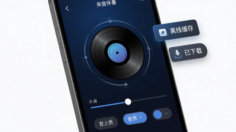来音伴奏软件功能示意图,画面展示一部手机屏幕特写,屏幕内是来音伴奏的播放界面,中央有圆形唱片封面旋转动画,下方有升降调滑块和音质切换按钮,屏幕右侧浮动着“离线缓存”“已下载”等标签图标,背景为深色模式下的深蓝渐变,风格科技感十足但保持简洁,画质细腻,无杂乱元素