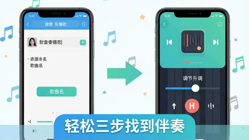 来音伴奏软件操作流程示意图,画面分为左右两个手机屏幕,左侧屏幕展示搜索界面输入歌曲名的操作步骤,右侧屏幕展示播放界面调节升降调的滑块操作,屏幕之间用箭头连接表示流程,画面底部有“轻松三步找到伴奏”的文字标签,整体风格为扁平化信息图样式,配色明亮清爽,画质清晰无多余元素