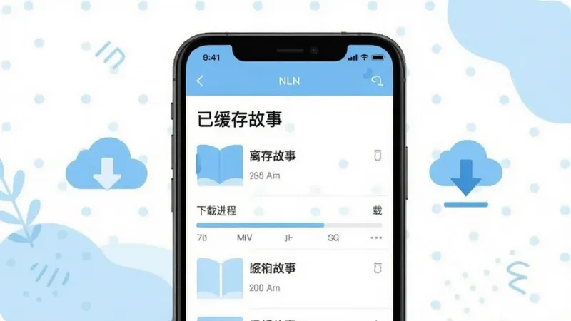 一张展示NLN离线缓存管理界面的图片,手机屏幕中央显示“已缓存故事”列表和下载进度条,旁边有云朵和下载箭头图标,背景为白色搭配浅蓝色装饰,风格清爽扁平,布局清晰,画质干净无多余元素