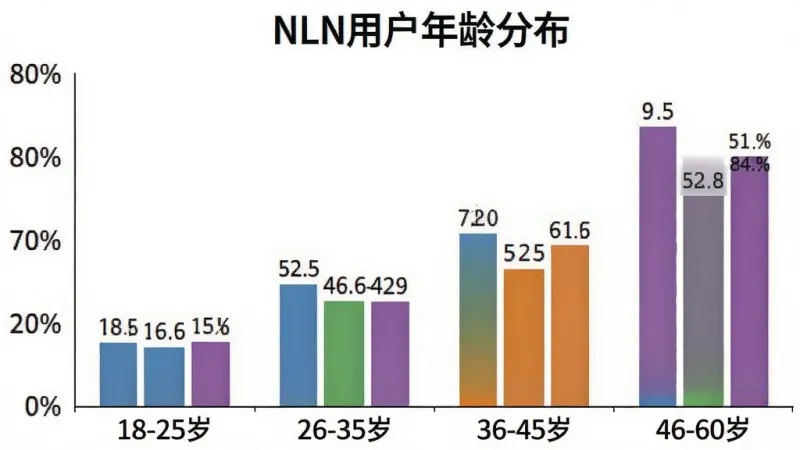 一张NLN用户年龄分布柱状图,横轴标注“18-25岁”“26-35岁”“36-45岁”“46-60岁”,纵轴为百分比,柱状颜色分别为蓝色、绿色、橙色、紫色,图中标注各年龄段占比数据,背景白色简洁,文字清晰,风格商务扁平,画质干净无多余元素