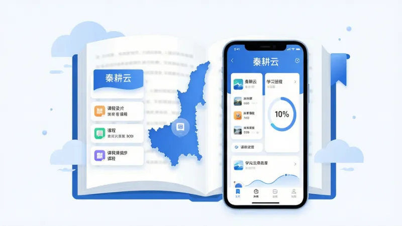 画面主体为一本翻开的电子书与手机屏幕融合的场景，书页上悬浮着陕西地图轮廓和课程图标，手机屏幕显示“秦耕云”应用主界面，布局采用居中对称构图，左侧是课程列表卡片，右侧是学习进度环，排版清晰有层次，风格为现代扁平化插画风，细节上加入云朵和书签元素点缀，画质高清，背景干净无杂乱元素，整体色调以蓝白为主，文字清晰可辨