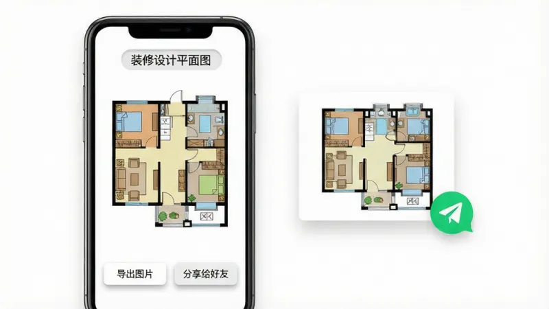 一张展示装修设计平面图软件导出分享功能的图片,画面主体是一部手机,屏幕里显示一张已完成的两室两厅彩色户型图,图纸下方有“导出图片”和“分享给好友”两个按钮,手机旁边漂浮着一张已导出的图纸缩略图和一个聊天软件发送图标,屏幕顶部有“装修设计平面图”文字标签,整体布局手机居中偏左,风格简洁扁平化,细节上按钮有轻微按压阴影,画质干净明亮,背景为白色,无多余元素。
