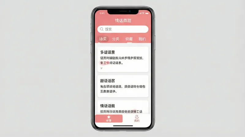 一张手机应用界面展示图,画面中央是一部竖屏手机,屏幕里显示“情话微甜”APP的主界面,顶部是搜索框和分类标签,中间是卡片式的话术列表,每个卡片上有场景名称和预览文字,底部是收藏和我的两个选项卡,整体色调为暖粉色和白色搭配,风格清新简约,界面干净无广告弹窗,画质清晰,无多余元素