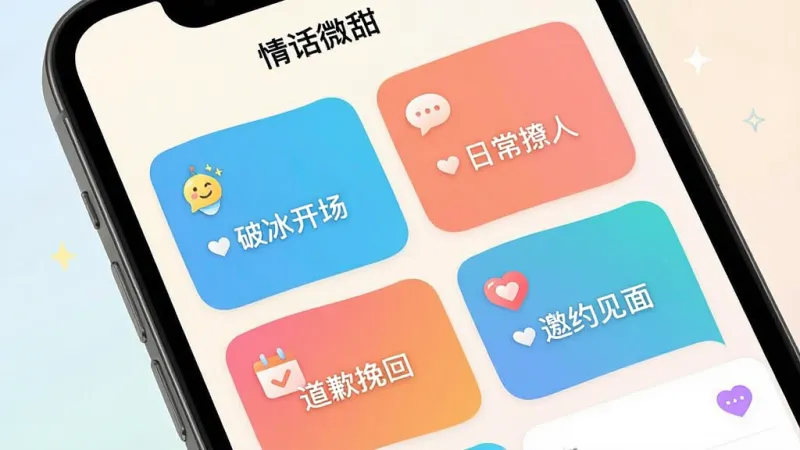 一张手机界面特写图,展示“情话微甜”APP的场景分类页面,画面中手机屏幕显示多个彩色分类卡片,卡片上分别写着“破冰开场”“日常撩人”“邀约见面”“道歉挽回”等文字标签,每个卡片配有小图标,背景为浅色渐变,布局整齐,风格活泼但不花哨,画质干净清晰