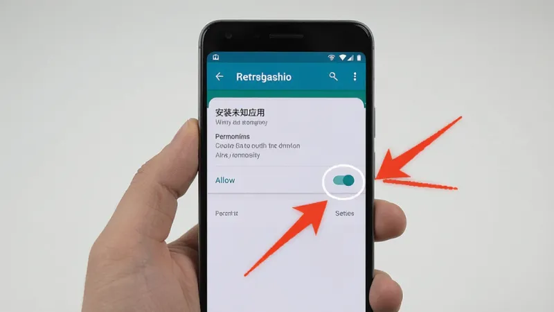 一张手机操作示意图,画面中一只手拿着手机,屏幕上显示安卓系统的“安装未知应用”权限设置页面,旁边有红色箭头指向允许开关,背景简洁,风格写实,画质清晰,用于说明安装时的权限设置步骤