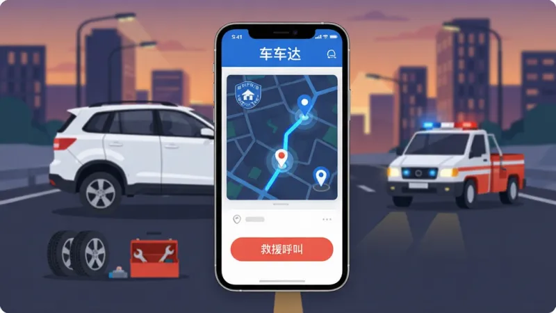 车车达手机应用主界面展示,主体是一辆白色SUV在道路上抛锚,旁边有救援车辆赶来,手机屏幕悬浮在前景,屏幕上显示车车达的救援呼叫按钮和地图定位界面,布局上手机居中、背景为黄昏城市道路,排版简洁突出手机屏幕内容,风格为现代扁平化插画,细节包括蓝色救援标识、地图路线光点、轮胎和工具箱元素,画质清晰干净,无多余元素