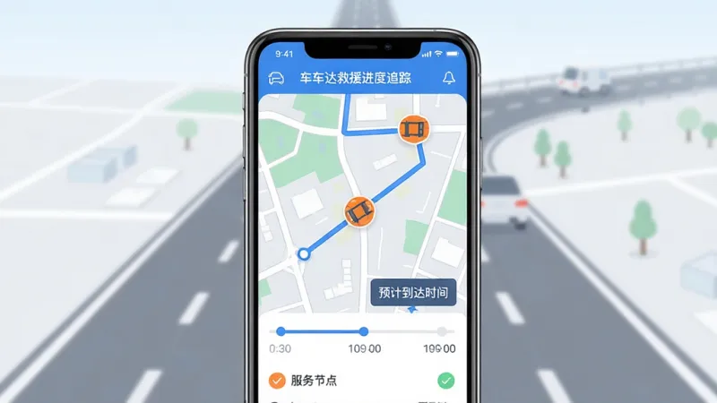 车车达救援进度追踪界面,主体为手机屏幕显示地图和救援车辆图标移动轨迹,布局上屏幕居中、背景为简洁的道路场景,排版突出地图区域和状态时间轴,风格为清爽科技感扁平设计,细节包括蓝色路线、橙色救援车图标、预计到达时间文字框、服务节点勾选标记,画质干净无杂乱元素