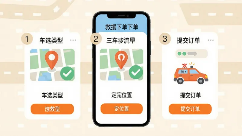 车车达新手操作指引场景,主体为手机屏幕展示救援下单三步流程,布局上手机画面分三格展示选类型、定位置、提交订单,背景为浅色道路元素点缀,排版清晰分步骤标注数字,风格为简洁明快的扁平图标风,细节包括橙色按钮、地图定位针、勾选标记、救援车小图标,画质干净无杂乱