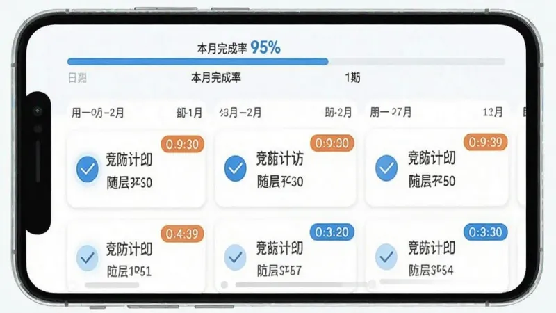 携手医访随访计划页面生图,手机界面展示按日期排列的随访任务卡片,每张卡片带有圆形勾选图标和倒计时标签,配色为清爽的蓝白搭配,页面顶部有进度条显示本月完成率,风格简洁扁平,文字清晰可读,画质干净
