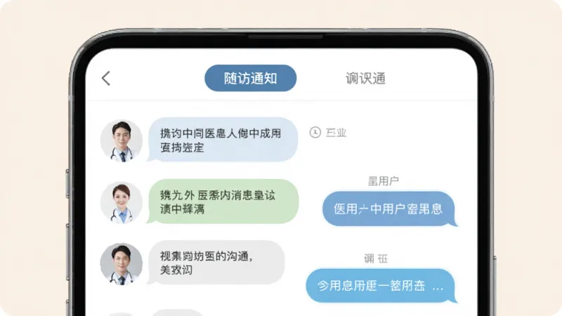 携手医访消息沟通界面生图,手机屏幕显示医患对话列表,左侧为医生头像和消息气泡,右侧为用户回复,顶部有随访通知标签页和聊天标签页切换,背景干净浅色,气泡圆角柔和,风格现代简洁,画质清晰无杂乱元素