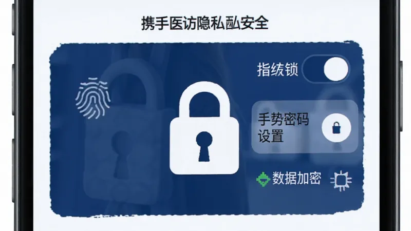 携手医访隐私安全设置页面生图,手机界面展示安全中心模块,包含指纹解锁开关、手势密码设置项、数据加密状态标识,配色以深蓝和白色为主,锁形图标居中突出,风格稳重可信,画质干净细节清晰