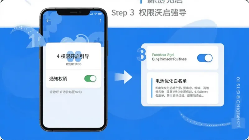携手医访安卓手机安装设置流程示意图,手机屏幕展示权限开启引导页,包含通知权限开关和电池优化白名单设置项,界面以蓝白配色为主,步骤用数字标注清晰,风格直观易懂,画质干净