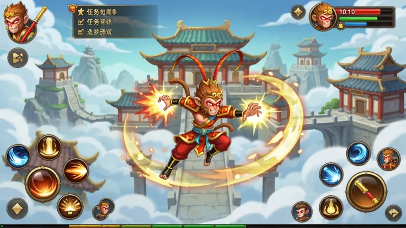 造梦无双游戏主界面全貌展示,画面中央是经典的横版动作闯关场景,孙悟空角色正在释放华丽的连招技能特效,背景是东方神话风格的天宫云海与古风建筑,界面四周分布着技能轮盘、任务追踪栏和角色状态信息,整体色彩以中国红与鎏金色为主,风格为2D卡通渲染,细节精致,画质干净清晰,无多余元素