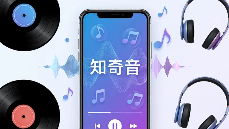一张展示手机音乐播放器界面的概念图，画面中央是一部智能手机，屏幕里显示着“知奇音”三个大字，背景是流动的声波纹理和跳动的音符图标，周围有黑胶唱片和耳机的元素点缀，整体风格是清新简约的科技感，色调以蓝紫渐变为主，画质干净清晰，无多余杂乱元素