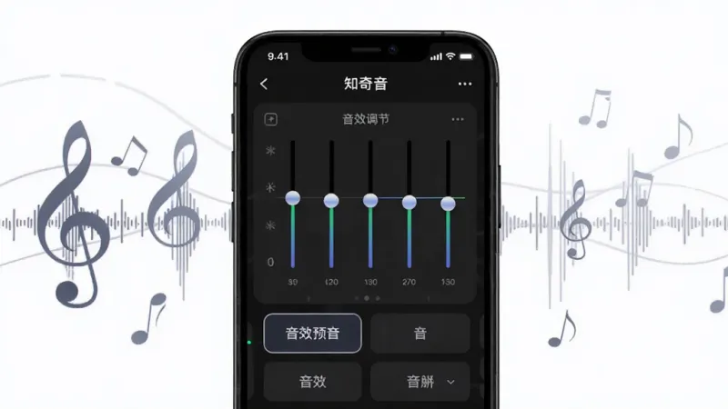 一张展示“知奇音”音效调节界面的概念图，画面中手机屏幕显示着均衡器滑块和音效预设选项，背景有音符和声波图案，风格是深色模式下的科技感，画质干净无多余元素