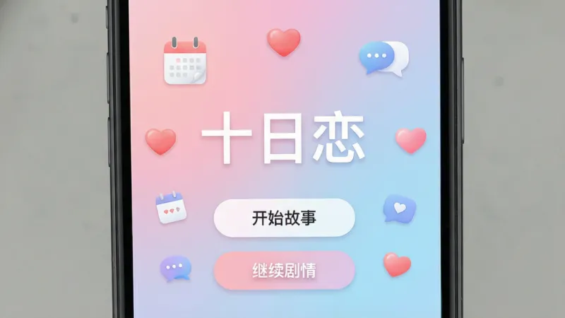 一张手机屏幕展示“十日恋”App主界面,画面中心是柔和的粉蓝色渐变背景,界面中央显示“十日恋”三个大字,下方有“开始故事”和“继续剧情”两个圆角按钮,周围环绕着日历、爱心、对话气泡等小图标,风格清新简约,布局居中对称,细节圆润无多余元素,画质干净明亮。