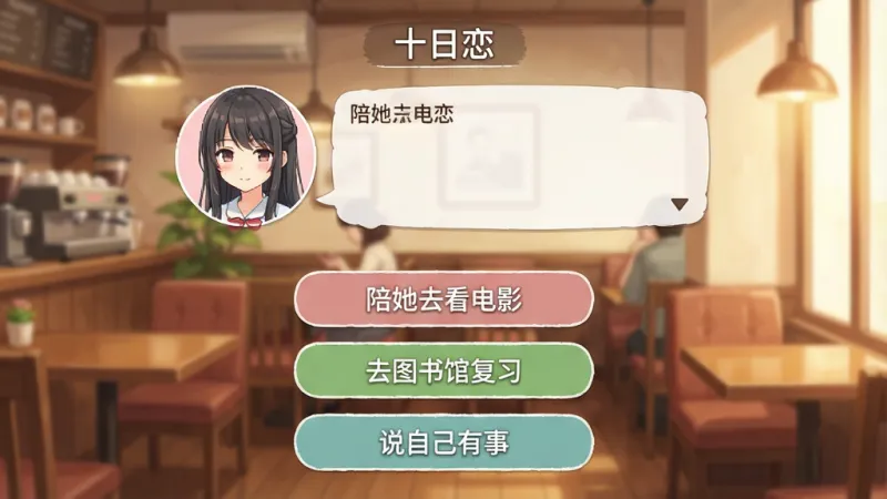 一张“十日恋”游戏剧情选择界面的手机截图,画面中上方显示角色头像和对话气泡,下方有三个选项按钮,按钮文字分别为“陪她去看电影”“去图书馆复习”“说自己有事”,界面背景是温馨的咖啡厅场景,风格日系清新,布局清晰,文字标签明确,画质干净无多余元素。