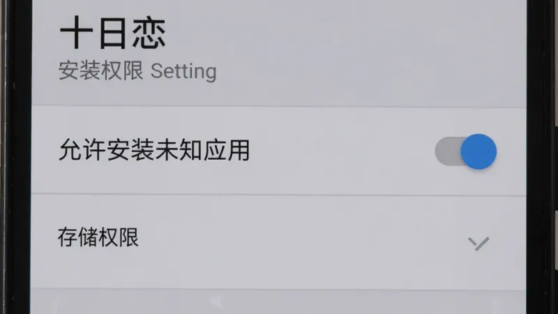 一部安卓手机显示“十日恋”游戏的安装权限设置界面,界面中有“允许安装未知应用”开关和“存储权限”选项,背景是手机设置菜单的灰色调,画面清晰,布局简洁,文字标签明确,画质干净无杂乱元素。