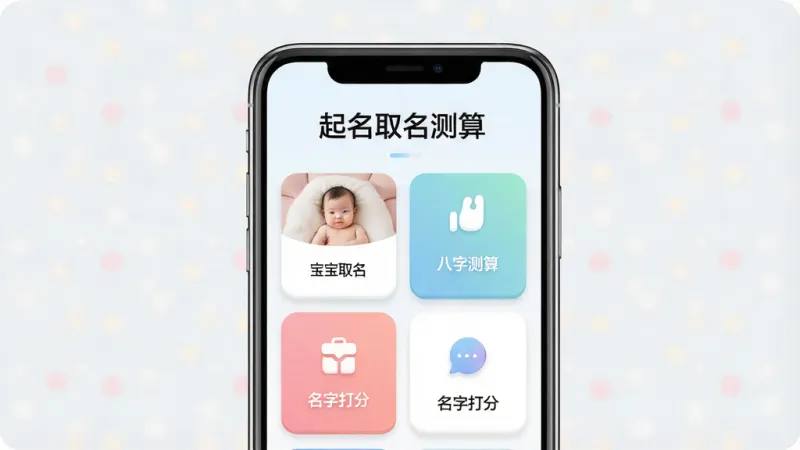 一张展示“起名取名测算”软件核心界面的图片,主体是手机屏幕居中,屏幕里显示软件首页,顶部有“起名取名测算”文字标题,中间是宝宝取名、八字测算、名字打分的功能卡片布局,排版整齐,风格清新简约,细节圆润,画质干净,无多余元素
