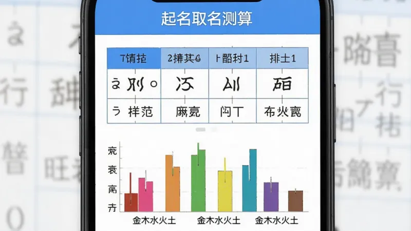 一张“起名取名测算”八字分析结果页面的图片,手机屏幕显示四柱八字排盘表格,下方有五行旺衰的彩色柱状图,标注“金木水火土”字样,界面风格简洁现代,蓝白配色,排版清晰,画质干净