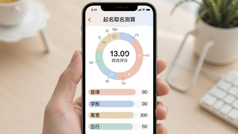 一张“起名取名测算”名字打分结果页面的图片,手机屏幕显示名字综合评分环形图,下方有音律、字形、寓意、五行四项分项得分条,界面配色柔和,排版干净,画质清晰