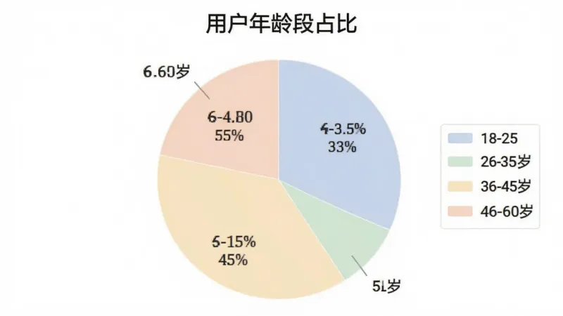 一张展示“起名取名测算”用户年龄分布的饼状图,图表标题为“用户年龄段占比”,图例分为18-25岁、26-35岁、36-45岁、46-60岁四个区块,配色柔和,数据标签清晰,画质干净