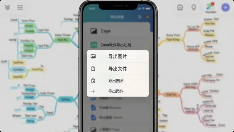 一张展示Zaya软件导出功能的界面截图,画面中手机屏幕显示导出菜单弹窗,选项包括“导出图片”、“导出文件”等,背景是模糊处理的思维导图内容,风格简洁直观,画质清晰,文字标签明确,无杂乱元素