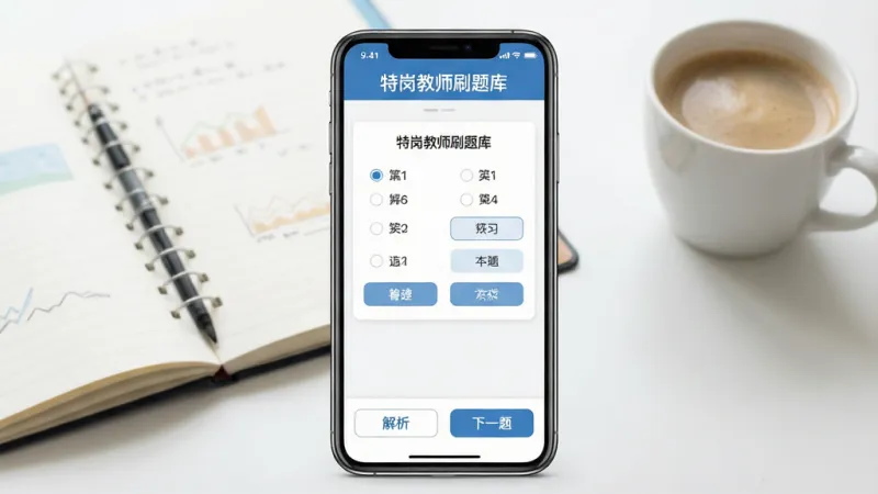 一张展示“特岗教师刷题库”手机应用界面的效果图,画面中央是一部竖屏手机,屏幕内显示题库练习界面,顶部有“特岗教师刷题库”字样,中间是选择题答题卡和选项按钮,底部有“解析”和“下一题”按钮,背景是书桌场景,放着一本翻开的笔记本和一杯咖啡,整体风格清新明亮,细节干净,画质清晰,无多余元素