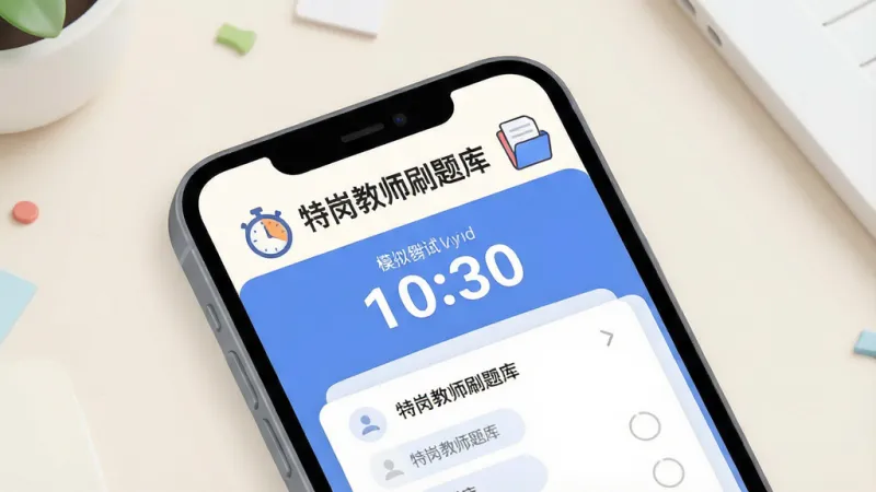 一张展示“特岗教师刷题库”模拟考试功能的效果图,画面中央是手机屏幕特写,屏幕显示模拟考试倒计时界面和答题卡,顶部有“特岗教师刷题库”标识,旁边有计时器图标和试卷图标,背景是简洁的浅色桌面,风格现代扁平,细节圆润,画质干净,无多余元素