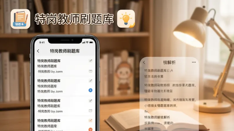 一张展示“特岗教师刷题库”错题本和解析功能的效果图,画面中手机屏幕显示错题列表和详细解析页面,顶部有“特岗教师刷题库”文字,旁边有错题本图标和灯泡图标,背景是柔和的书房环境,风格温馨简洁,画质清晰,无多余元素