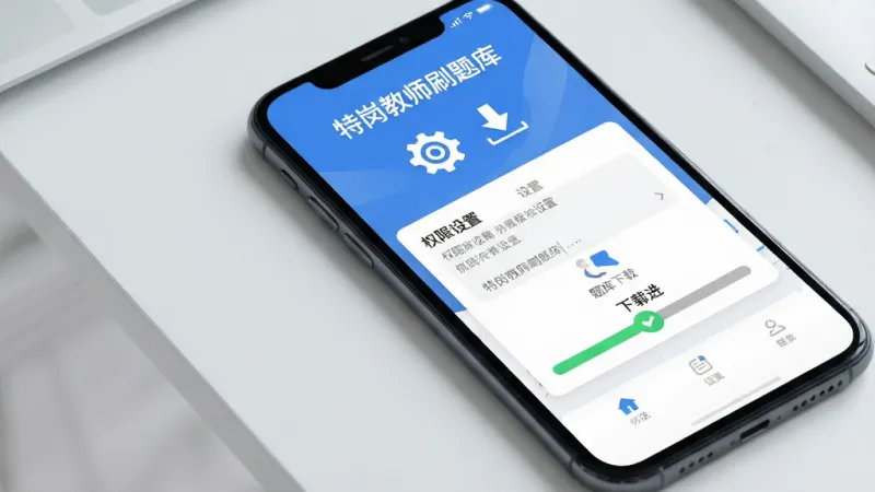 一张展示“特岗教师刷题库”在手机上安装和设置界面的效果图,画面中手机屏幕显示权限设置和题库下载进度条,顶部有“特岗教师刷题库”字样,旁边有齿轮图标和下载箭头图标,背景是简洁的浅灰色桌面,风格干净现代,画质清晰,无多余元素