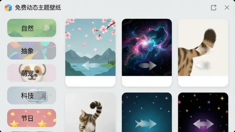 一张软件界面截图风格的图片,画面展示“免费动态主题壁纸”应用的动态壁纸分类瀑布流,左侧竖排分类标签写着“自然”“抽象”“萌宠”“科技”“节日”,右侧网格中排列着六张动态壁纸预览卡片,每张卡片上都有微动效果示意,比如飘落的樱花、流动的星云、摇摆的猫尾巴,界面背景为浅灰色,卡片圆角设计,风格清爽,画质干净,无多余元素