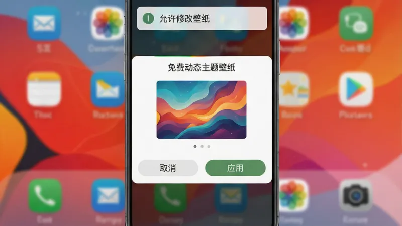 一张手机屏幕展示“免费动态主题壁纸”软件的应用确认弹窗界面,画面中央是动态壁纸预览小窗,下方有“取消”和“应用”两个按钮,背景为模糊处理的桌面图标,屏幕上方有权限请求提示条写着“允许修改壁纸”,整体色调偏暖,细节清晰,画质干净,无多余元素