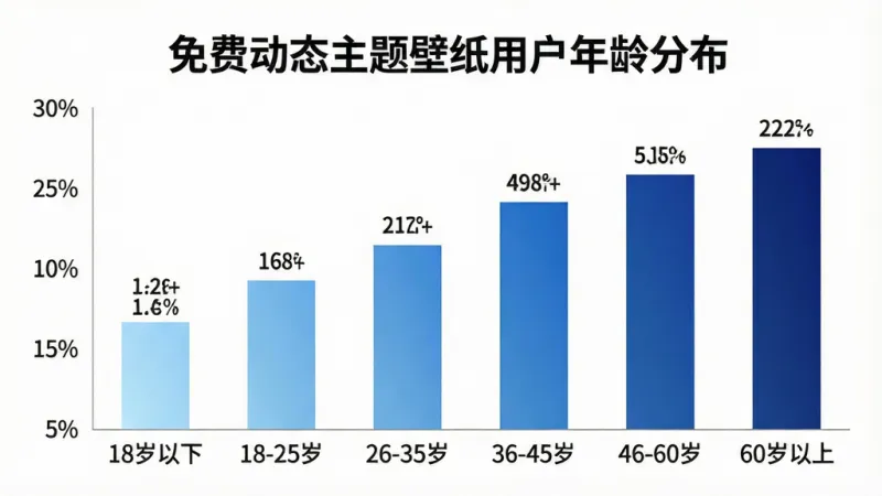 一张柱状图信息图,标题为“免费动态主题壁纸用户年龄分布”,横轴标注“18岁以下”“18-25岁”“26-35岁”“36-45岁”“46-60岁”“60岁以上”,纵轴为百分比,柱状颜色从浅蓝渐变到深蓝,柱子上方标注具体数值,图表风格简洁现代,背景白色,文字清晰,画质干净,无多余元素