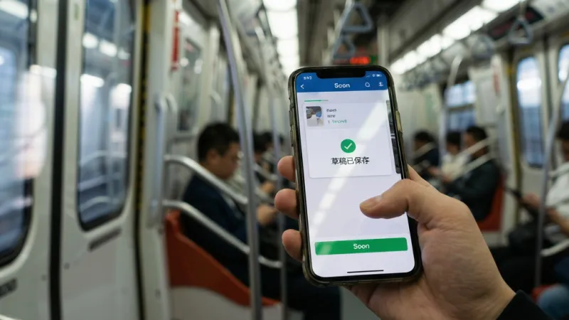 一张展示Soon软件离线编辑与草稿保存功能的场景图,主体为一只手拿着手机在地铁车厢内操作,手机屏幕显示Soon卡片编辑界面和“草稿已保存”提示,背景为虚化的地铁车厢环境,布局人物与手机为视觉中心,风格生活化写实,细节包括手机屏幕反光、车厢扶手、窗外流动光线,画质干净自然无多余元素