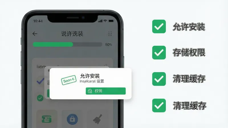 一张展示Soon软件安装与权限设置引导的示意图,主体为手机屏幕显示安装进度条和权限弹窗,屏幕旁有勾选清单样式的图标排列,布局以上下流程式排版呈现,风格扁平化信息图,细节包括“允许安装”“存储权限”“清理缓存”等文字标签、绿色对勾图标,画质干净清晰无多余装饰