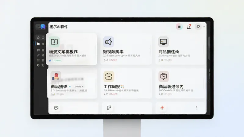 榭尔AI软件的多场景文案模板选择界面,屏幕上排列着种草文案、短视频脚本、工作周报、商品描述等卡片,每张卡片配有对应的小图标,背景为浅色渐变,界面排版整齐,风格现代简约,画质干净,文字标签清晰可见