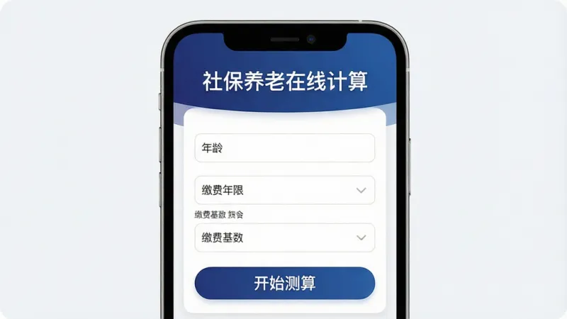 一张手机应用界面展示图,画面中央是一部竖屏手机,屏幕里显示「社保养老在线计算」的首页,上方是深蓝色渐变标题栏写着「社保养老在线计算」,中间是基础信息填写区域,包含年龄、缴费年限、缴费基数等输入框,下方是醒目的「开始测算」按钮,背景为浅灰白色,整体布局简洁清爽,风格现代扁平化,细节圆润,画质干净清晰无多余元素