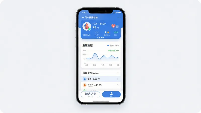 智慧慢病应用首页全貌展示,画面中央是一部手机屏幕,屏幕内呈现蓝白配色的健康管理界面,顶部显示用户健康档案卡片,中部为血压血糖数据图表和用药提醒列表,底部为随访记录与我的选项卡,背景为干净的浅灰白色,风格现代扁平,细节圆润,画质清晰干净,无多余元素
