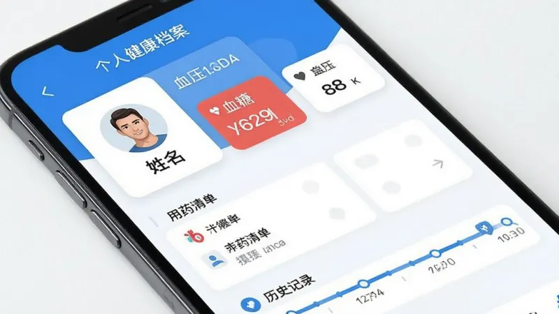 智慧慢病健康档案管理界面展示,手机屏幕中呈现个人健康档案卡片,包含姓名头像、血压血糖数值卡片、用药清单列表、历史记录时间轴,界面采用蓝白主色调,布局为上下结构,风格简洁现代,细节清晰,画质干净无多余元素