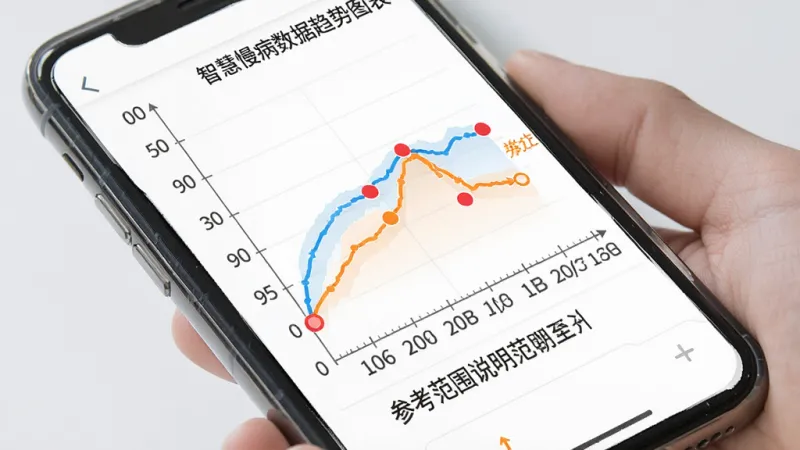 智慧慢病数据趋势图表展示,手机屏幕内呈现血压血糖折线趋势图,横轴为日期纵轴为数值,曲线用蓝色和橙色区分,异常数值点用红色圆点标注,图表下方有参考范围文字说明,界面背景为白色,风格清爽直观,画质干净无多余元素