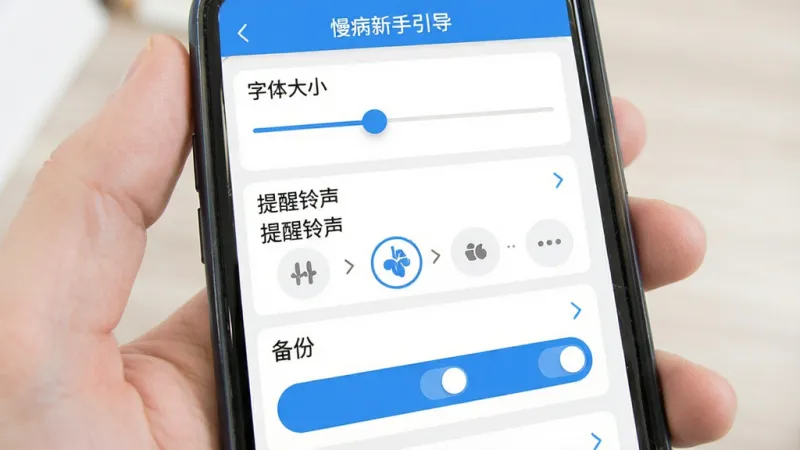 智慧慢病新手设置引导界面展示,手机屏幕中呈现设置页面,包含字体大小调节滑块、提醒铃声选择列表、备份开关按钮,界面为蓝白配色,布局清晰分区明确,风格简洁实用,画质干净无多余元素