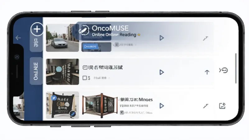 一张展示OncoMUSE离线阅读功能的手机界面效果图，手机屏幕上显示已下载内容列表和离线阅读标识，界面以深蓝色和白色为主色调，布局清晰，风格现代扁平，画质干净，无多余元素