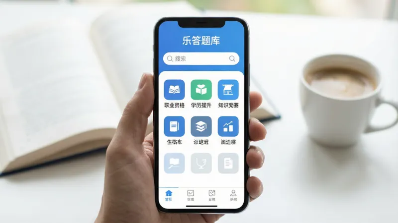 一张展示手机应用界面的图片,画面中央是一部手持智能手机,屏幕上显示“乐答题库”APP的主界面,界面顶部有搜索框,中间是整齐排列的题库分类图标,包括职业资格、学历提升、知识竞赛等,底部是简洁的导航栏,整体风格清新简洁,蓝白色调,背景是虚化的书桌场景,有一本翻开的书和一杯咖啡,画质干净明亮,无多余元素